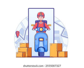 Illustration of a courier riding a scooter to deliver packages to their destination.
In the background, there are maps and a smartphone symbolizing an online service, along with cardboard box packages