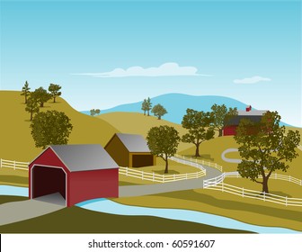 Illustration of a covered bridge in a rural country setting.