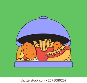 Illustration of a covered platter filled with various fast foods, designed with a fun cartoon style vector hand drawn