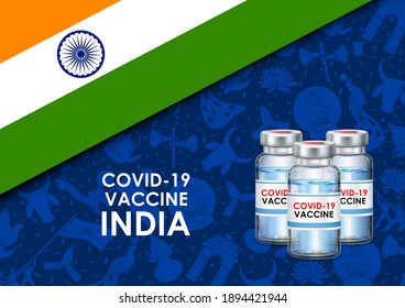 illustration of Covid 19 Vaccine Bottle to prevent from deadly Novel Coronavirus epidemic outbreak on Tricolor India background