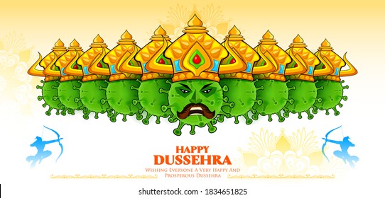 illustration of Covid Ravana with ten heads of Corona virus for Navratri festival of India poster for Dussehra