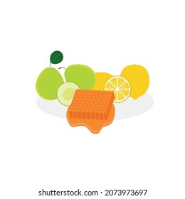 illustration of covid-19 antidote vegetable ingredients in the form of guava, lemon, honey, flat design vector