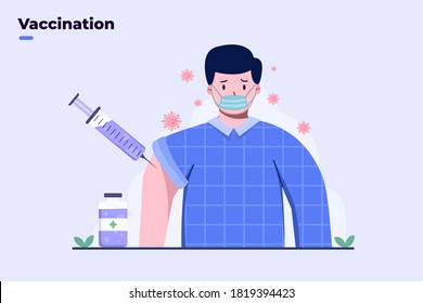 Illustration Covid-19 coronavirus vaccination process, inject vaccine to body, use medicine of coronavirus, early trial test Covid-19 vaccine, volunteer for testing the corona vaccine. flat design.