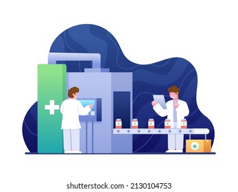 Illustration Covid-19 Coronavirus Vaccine Production With Modern Technology. Development And Manufacturing Process Of A New Vaccine. Pharmaceutical Manufacture. Drug Development. 