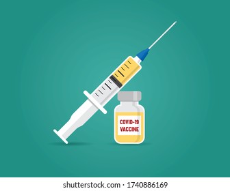 An illustration for Covid-19 (Coronavirus) vaccine with syringe and serum vial.