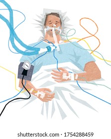 Illustration Of A COVID-19 Patient In The Hospital On A Ventilator, With IVs, Feeding Tube, Blood Pressure Cuff. Victim Of Coronavirus Pandemic.