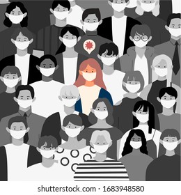 illustration of covid-19 sufferer among a large crowd of mask users