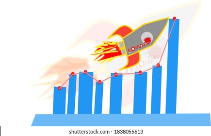 illustration of the covid-19 virus riding a rocket across the beam graph that shows the rise and height of covid patients worldwide during the epidemic.