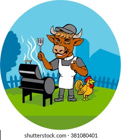 Illustration Of A Cow Barbecue Chef Holding Spatula Wearing A Minister Clerical Collar, Hat  And Apron With Grill Or Smoker And Chicken Rooster On Side Set Inside Oval Shape Done In Caricature Style