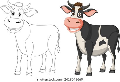Illustration of a cow, black and white to color