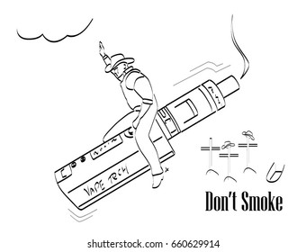 Illustration with cow boy riding on top of vape machine (E-cig, E-cigarette, Vape, Vape Device, Vape Machine, Vaporizer, Personal Vaporizer) with graves of other cowboys and text " Don't Smoke ".