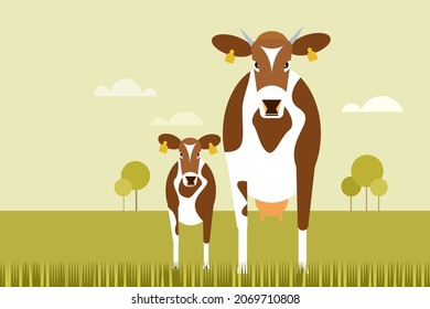 Illustration of a cow and a calf standing on a grassy field