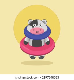 Illustration of Cow is carrying two swimming  balloon, Suitable for drawing book cover, poster, shirt, icon, mascot etc.