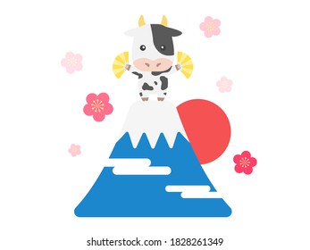 Illustration of a cow character dancing at the top of Mt. Fuji.