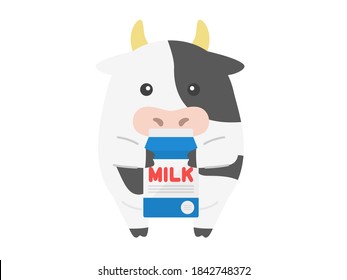 Illustration of a cow character holding a milk carton.