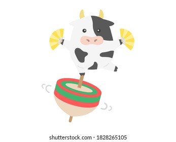 Illustration of a cow character riding a top.