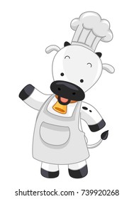 Illustration of a Cow Chef Wearing Hat and Apron Presenting Something