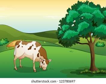 Illustration Of A Cow Eating Grass In A Beautiful Nature