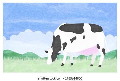 Illustration of a cow eating grass on a summer ranch