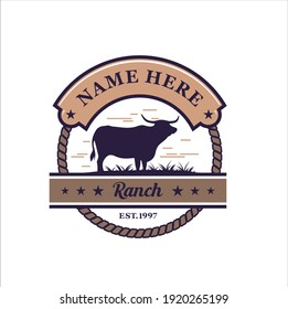 illustration of cow and grassland, badge logo template for ranch.