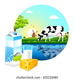 illustration of cow grazing in farm with dairy product