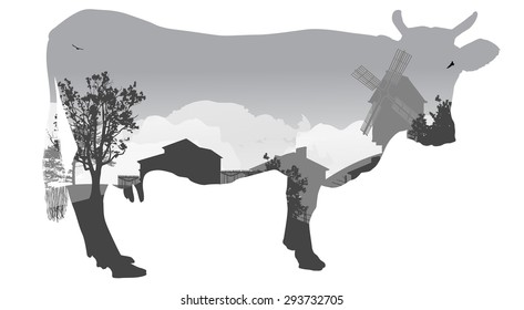 illustration with cow and grey country landscape