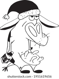 Illustration of a cow in a hat of Santa Claus. Bad mood. Tired look after long drinking. Black and white vector drawing of an animal on a transparent background.
