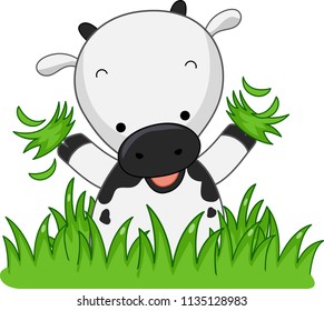 Illustration of a Cow Holding Grass and Happy