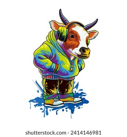 ilustración de una vaca escuchando música en un colorido estilo de caricatura