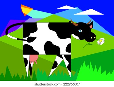Illustration of a cow in the meadow