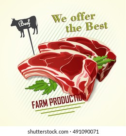 Illustration of cow meat. Beef farm production, vector. Can be used in your own advertisement purposes, products design and etc.