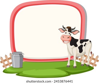 Illustration of a cow near a fence and bucket.