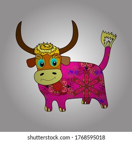 Ilustración de vaca para el año nuevo. Ilustración vectorial. Tarjeta de felicitación de plantilla, banner de invitación y publicidad, folleto. Representación en colores blanco, magenta y marrón.