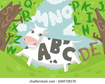 Illustration of a Cow Outdoors with the Letters of the Alphabet