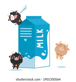 Illustration of cow and ox with a package of milk. Cute cartoon animal characters on white background. Vector funny mascot for printing on products and packaging containing milk in flat style.