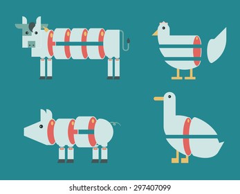 Illustration of Cow, pig, chicken and duck with graphic meat cut