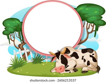 Illustration of a cow resting peacefully in a natural landscape frame