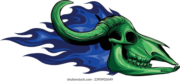 illustration of cow skull with flames