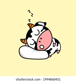 illustration of a cow sleeping on a pillow. kawaii illustration
