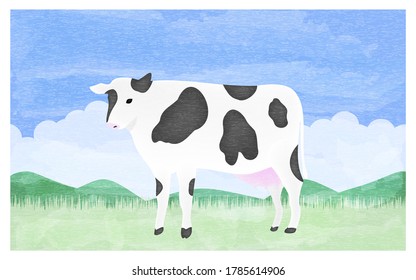 Illustration of a cow standing upright on a summer ranch