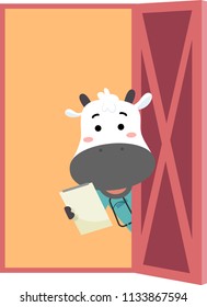 Illustration of a Cow Veterinarian Looking Out Through the Door Holding a Blank Record Sheet