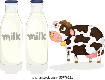 Illustration of A Cow Watching at Milk Bottles on white background