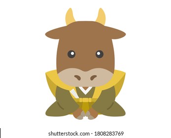 Illustration of a cow wearing a kimono and bowing.