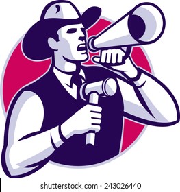 Illustration of a cowboy auctioneer with gavel hammer shouting on bullhorn set inside circle done in retro style.