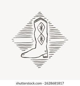 Illustration of a cowboy boot with decorative patterns. The boot is centered in a diamond shape with lines. Cowboy boot art with unique patterns. Hand drawn illustration vector.