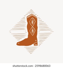 Illustration of a cowboy boot in orange with diamond patterns. The cowboy boot is set against a lined background, highlighting the boot's unique design. Vintage vector illustration.