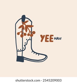 Ilustração de uma bota de cowboy com elementos lúdicos como bagas, acompanhado pelo texto Yee Haw. Perfeito para projetos de temas ocidentais ou projetos de arte alegres