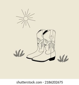 Illustration of cowboy boots, brush and sun in desert. Cowboy western concept, wild west, texas. Hand drawn line vector set. All elements are insolated