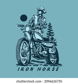 an illustration of a cowboy with a classic motorcycle