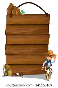 Illustration of a cowboy and the empty wooden signboards on a white background